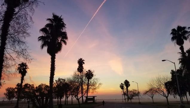 Buena Vista Lake with a "cotton candy"-colored sky